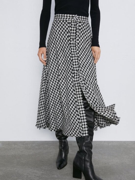 Zara Dresses & Skirts - Zara Black and White Houndstooth A-Line Midi Skirt Button Front Size Medium
